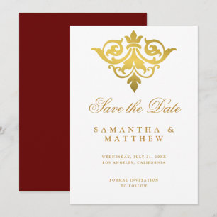 Burgundy Guld Damask Indian Bröllop spara datum Datumet
