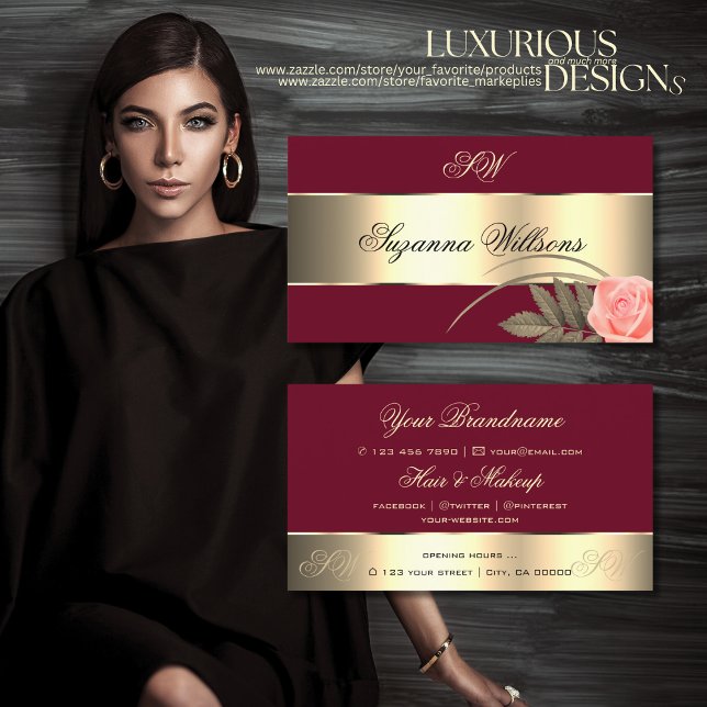 Burgundy Guld Decor Cute Ro Flower med Initialer Visitkort (Skapare uppladdad)