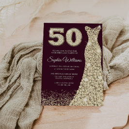 Burgundy & Guld Dress 50:e Födelsedagsfesten Inbjudningar