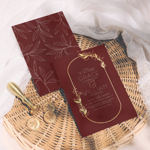 Burgundy & Guld Elegant Botaniska Ram Bröllop Inbjudningar