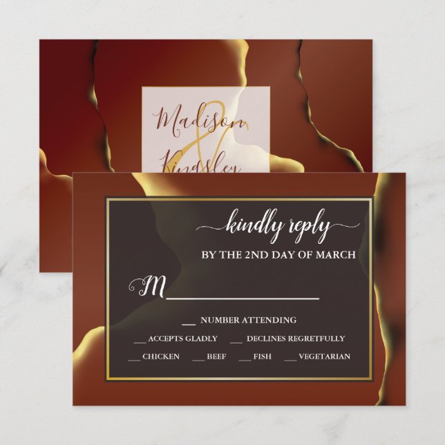 🤵 Burgundy Guld Elegant Inky Abstrakt Bröllop OSA Kort (Fram/baksida)