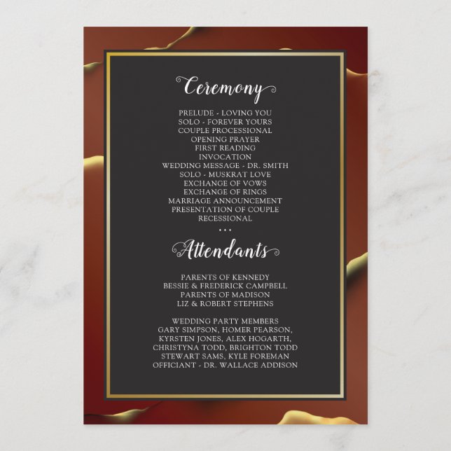 🤵 Burgundy Guld Elegant Inky Abstrakt Bröllop Program (Baksida)