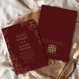 Burgundy Guld Elegant minimalistisk QR-kod Bröllop Inbjudningar