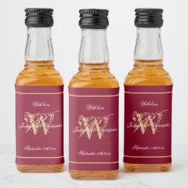 Burgundy & Guld Elegant Monogram Chic Bröllop Mini Spritflaskor Etikett
