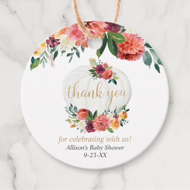 Burgundy guld fall blommigt Pumpkin babydusch Gåvor Etiketter (Framsida)