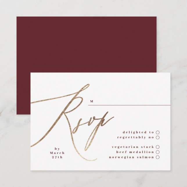 Burgundy & Guld Fall Calligraphy Bröllop OSA Kort (Fram/baksida)