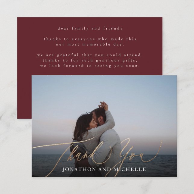 Burgundy & Guld Fall Calligraphy Bröllop Photo Tack Kort (Fram/baksida)