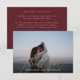 Burgundy & Guld Fall Calligraphy Bröllop Photo Tack Kort