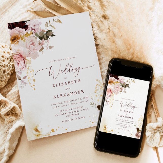 Burgundy guld faller elegant bröllop inbjudan (Skapare uppladdad)