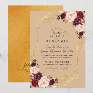 Burgundy Guld Florales Chic Foil Glitter Bröllop I Inbjudningar