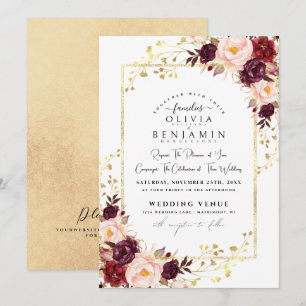 Burgundy Guld Florales Chic Foil Glitter Bröllop Inbjudningar