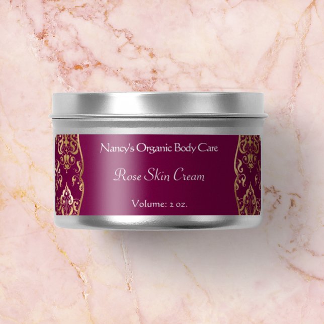 Burgundy & guld folie damask tvål kosmetikaetikett returadress etikett (Skapare uppladdad)