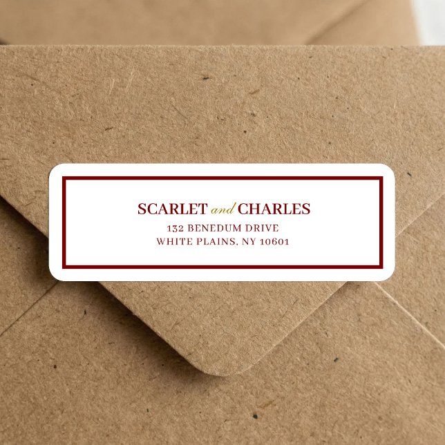 Burgundy & Guld Formell bröllopsreturadress Returadress Etikett (Burgundy and gold return address label adds elegant consistency to your wedding mail.)