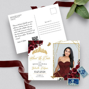 Burgundy Guld fotokort Quinceañera Spara datum Inbjudningar