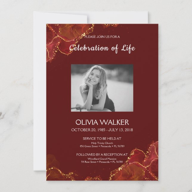 Burgundy & Guld Funeral Firar livet Inbjudningar (Framsida)