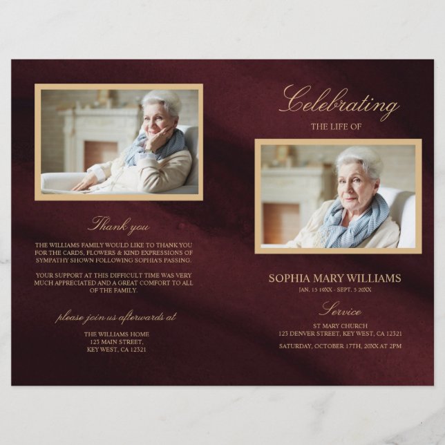 Burgundy & Guld Funeral Program | Serviceorder (Framsida)