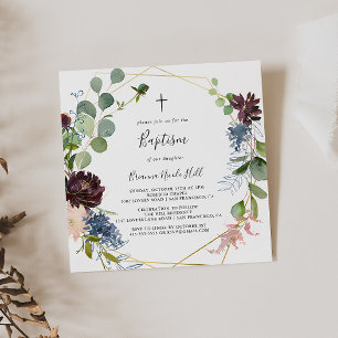 Burgundy Guld Geometric Baptism Inbjudningar