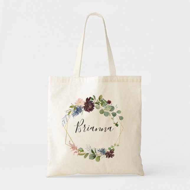 Burgundy Guld Geometric Bridesmaid Tote Bag Tygkasse (Framsidan)