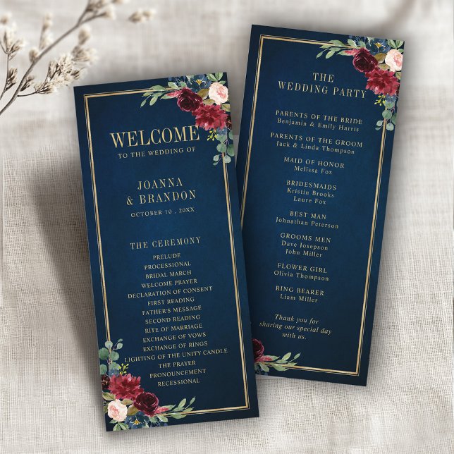  burgundy Guld Geometric Bröllop Program (Navy Blue Blush Burgundy Gold Geometric Wedding Program)