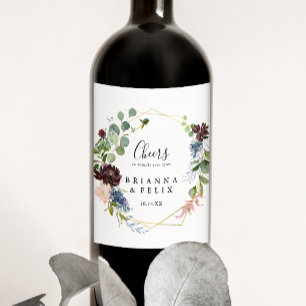 Burgundy Guld Geometric Cheers Bröllop Vin-etikett Vinflaska Etikett