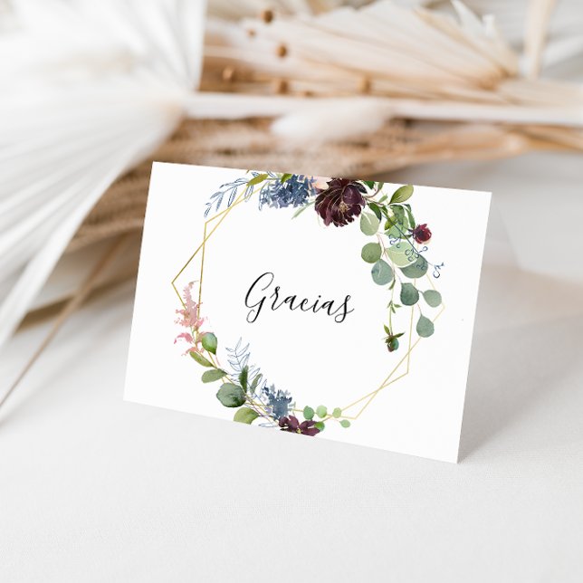 Burgundy Guld Geometric Foldad Bröllop Gracias Tack Kort (Skapare uppladdad)