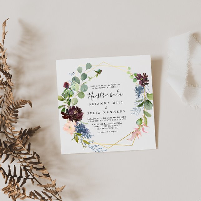 Burgundy Guld Geometric Nuestra Boda Bröllop Inbjudningar (Skapare uppladdad)