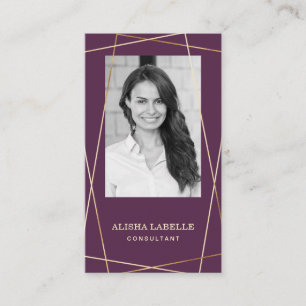 Burgundy & Guld Geometric Photo Layout & Monogram Visitkort