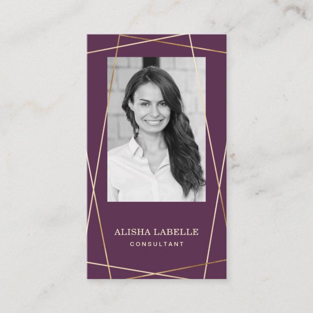 Burgundy & Guld Geometric Photo Layout & Monogram Visitkort (Framsida)