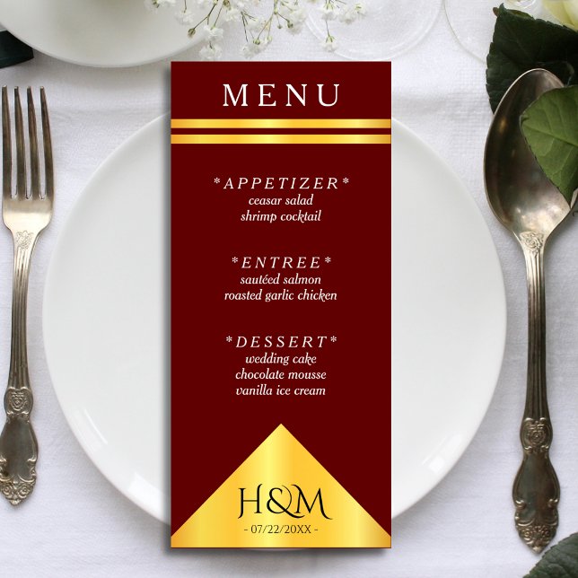 Burgundy & Guld Geometric Rand bröllopsmottagning Meny (burgundy red and gold wedding menu)