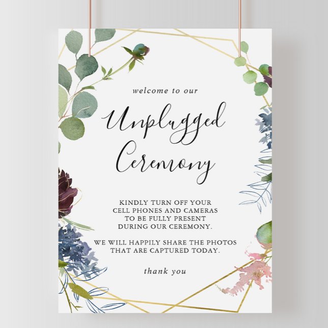 Burgundy Guld Geometric Unplugged Ceremony-tecken Poster (Skapare uppladdad)