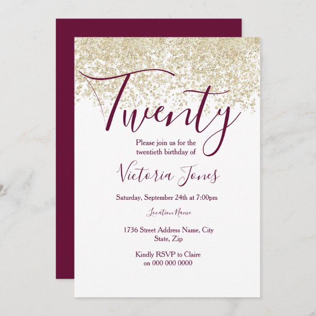 Burgundy Guld Glitter 20:e födelsedagsfesten Inbju Inbjudningar (Fram/baksida)