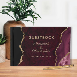 Burgundy Guld Glitter Agate Bröllop Gästböcker