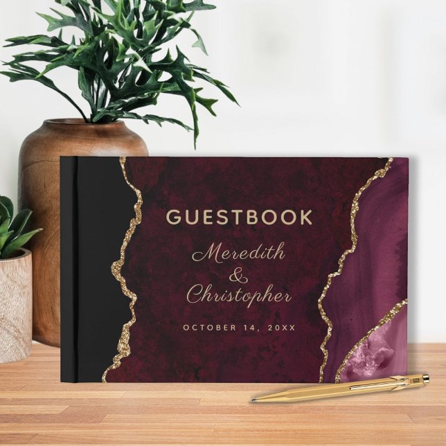 Burgundy Guld Glitter Agate Bröllop Gästböcker (Skapare uppladdad)