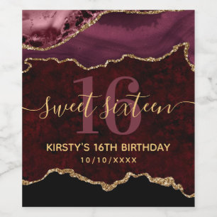 Burgundy & Guld Glitter Agate Marmor Sweet Sixteen Vinflaska Etikett