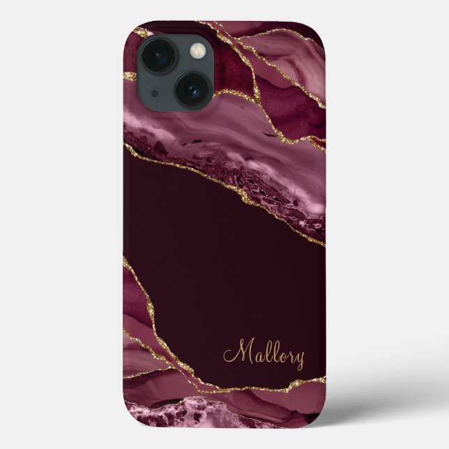 Burgundy Guld Glitter Agate Monogram (Baksida)