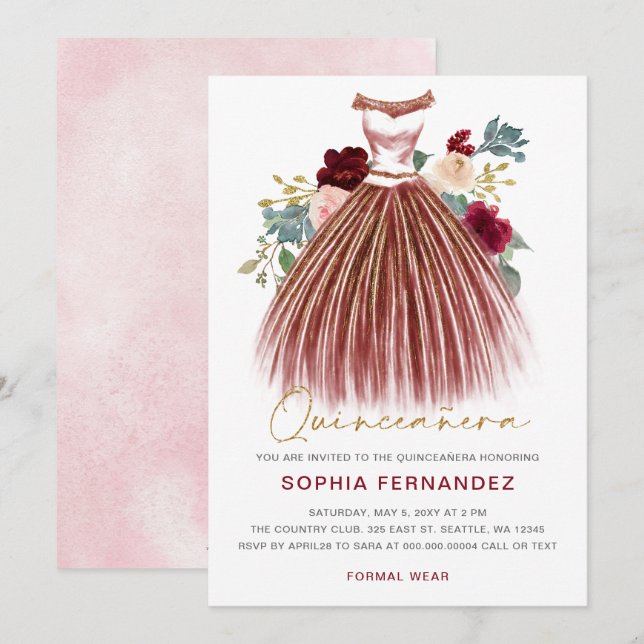 Burgundy guld glitter Blommigt Dress Quinceañera Inbjudningar (Fram/baksida)