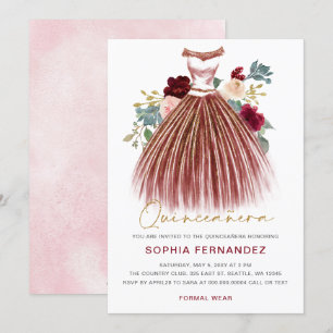 Burgundy guld glitter Blommigt Dress Quinceañera Inbjudningar