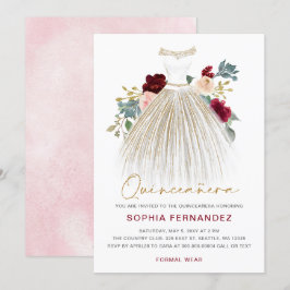 Burgundy guld glitter Blommigt Dress Quinceañera Inbjudningar