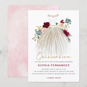Burgundy guld glitter Blommigt Dress Quinceañera Inbjudningar
