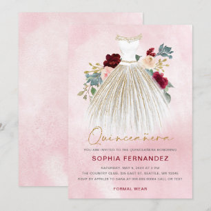 Burgundy guld glitter Blommigt Dress Quinceañera Inbjudningar