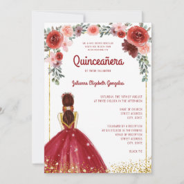 Burgundy Guld Glitter Blommigt Princess Quinceaner Inbjudningar