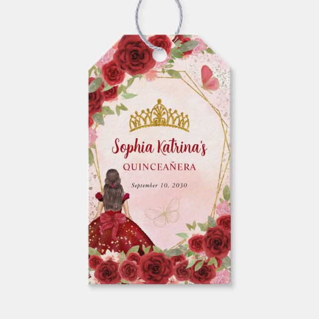 Burgundy Guld Glitter Blommigt Princess Tiara Favo Presentetikett (Framsidan)