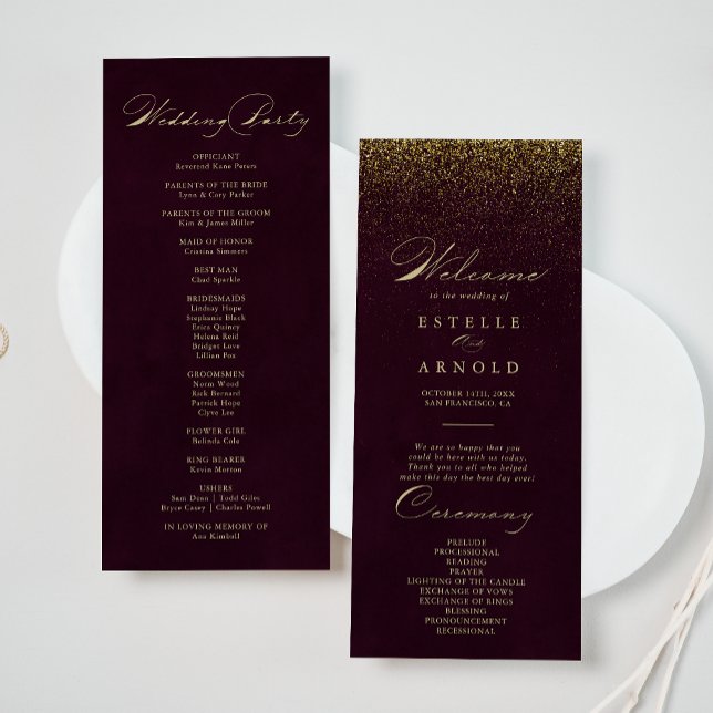 Burgundy Guld Glitter Calligraphy Bröllopsprogram Program (Skapare uppladdad)