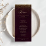 Burgundy Guld Glitter Calligraphy Dinner Menu Meny<br><div class="desc">Det här burgundiska glitter-menykortet för kalligrafi är perfekt för ett bröllop. Den enkla utformningen och utformningen av snyggten har klassiska och finare-skripttypografi i guld med glitter i en burgundisk bakgrund. Den här menyn kan användas för bröllopsmottagning,  repetitionsmiddag,  möhippa eller vilken händelse som helst.</div>