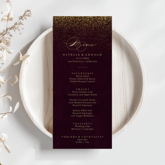 Burgundy Guld Glitter Calligraphy Dinner Menu Meny (Skapare uppladdad)