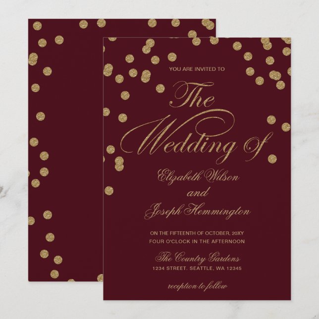 Burgundy Guld Glitter Confetti Elegant bröllop Inbjudningar (Fram/baksida)