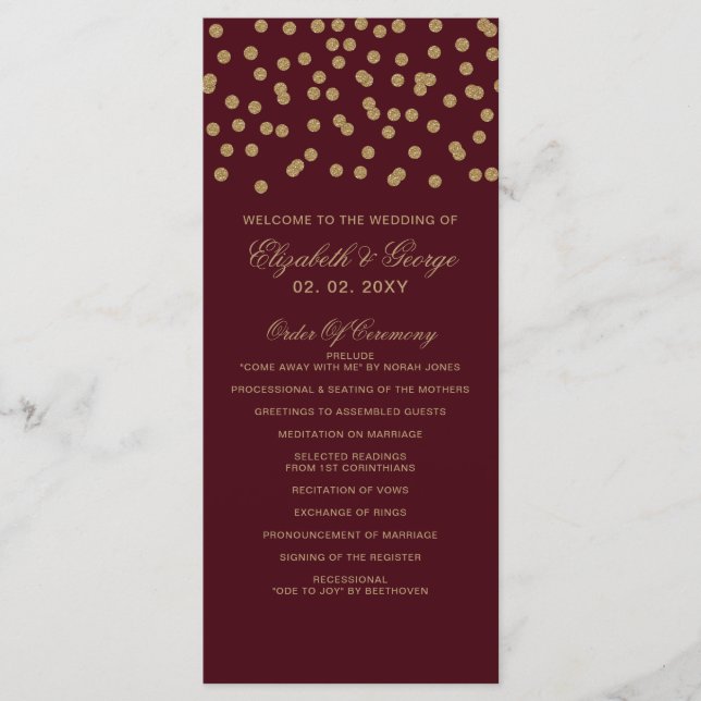 Burgundy Guld Glitter Confetti Elegant bröllop Program (Framsida)