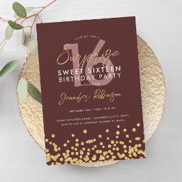 Burgundy Guld Glitter confetti Surprise Sweet 16 Inbjudningar