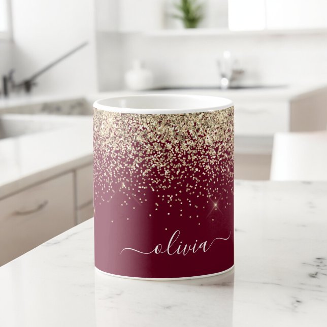 Burgundy Guld Glitter Girlig Monogram Glam Kaffemugg (Skapare uppladdad)