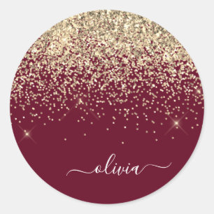 Burgundy Guld Glitter Girlig Monogram Glam Runt Klistermärke